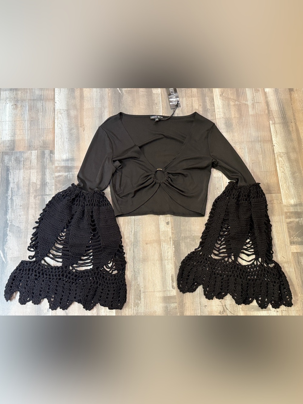Current Mood Black Cropped Ring-Front Top with Crochet Bell Sleeves